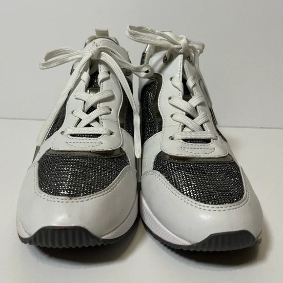 Michael Kors Crista Silver White Mixed Media Wedge Sneakers Glitter Women’s 9.5 - Picture 2 of 12